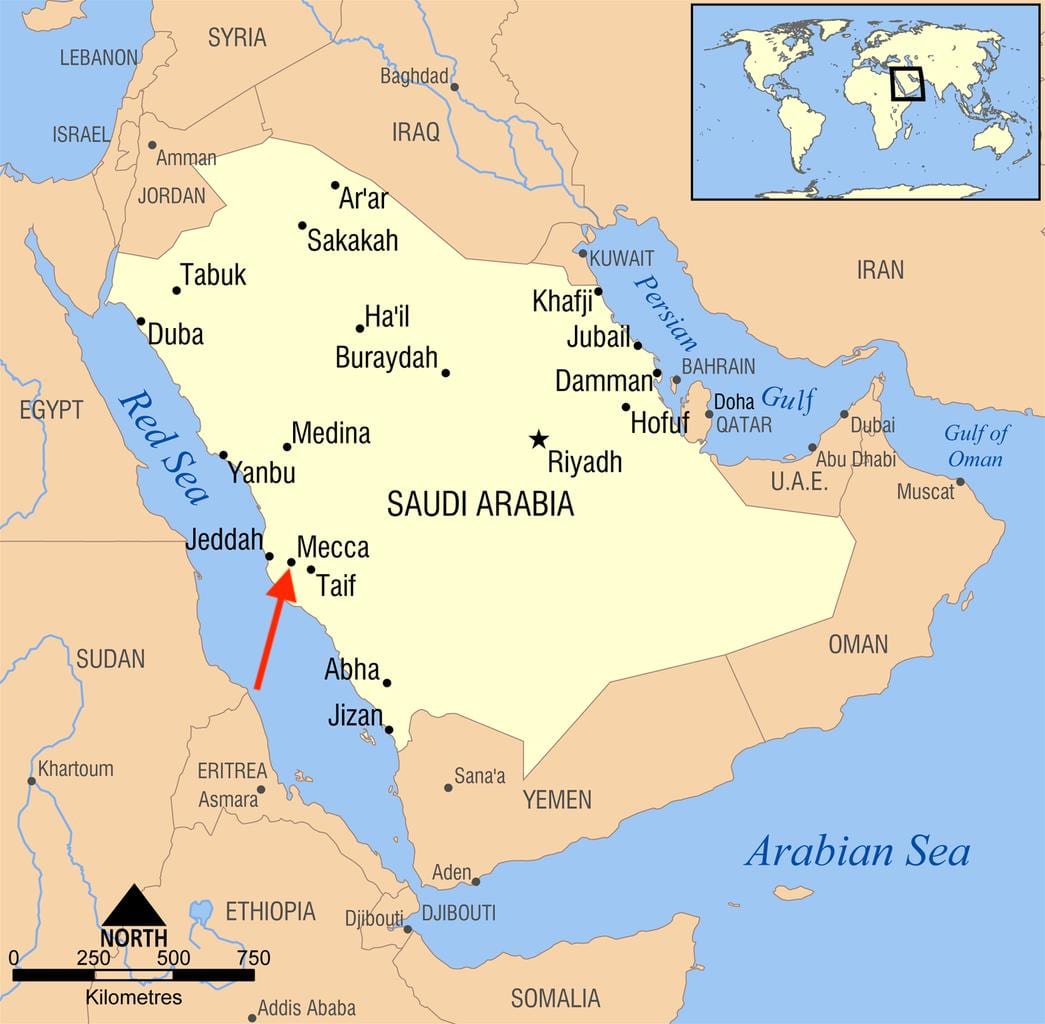 沙特阿拉伯地图上的麦加（Makkah）。